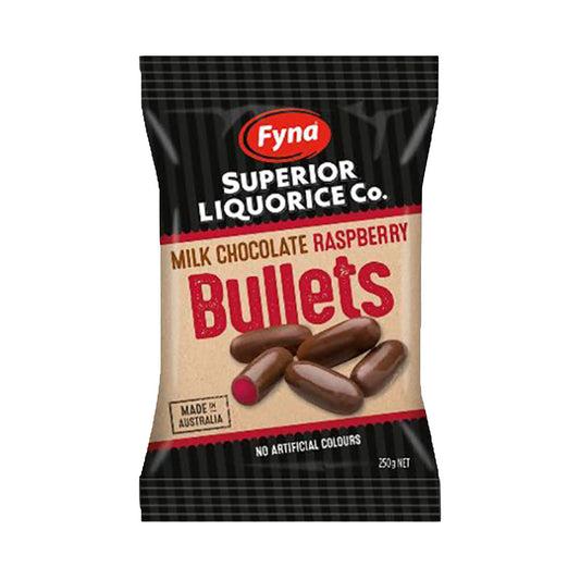 Fyna Milk Choc Raspberry Bullets 250g