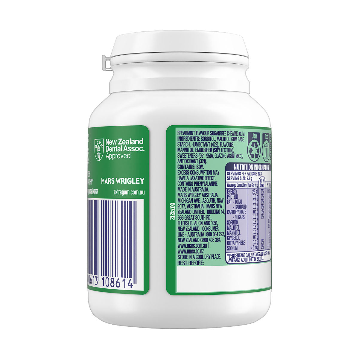 Extra Spearmint Sugar Free Chewing Gum Bottle 64g