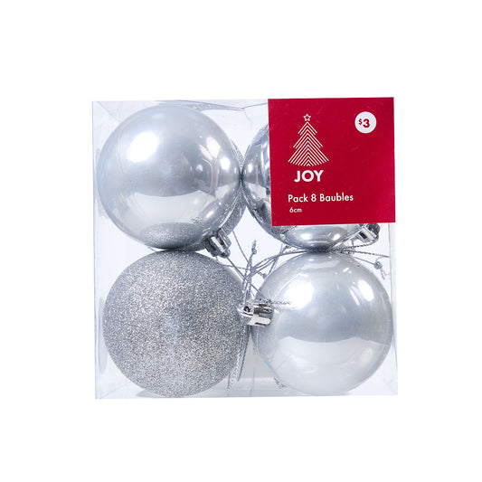 Christmas Baubles Silver 6cm 8pk