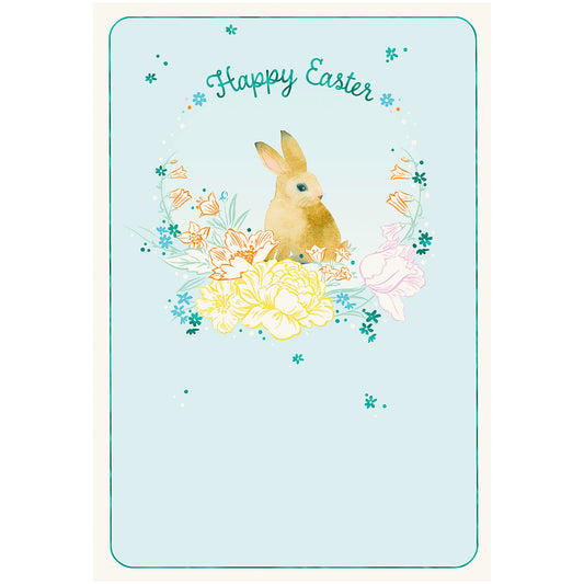Easter Card Bunny & Floral On Blue