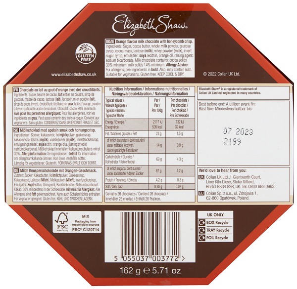 Elizabeth Shaw Milk Orange Honeycomb Crisp 162g