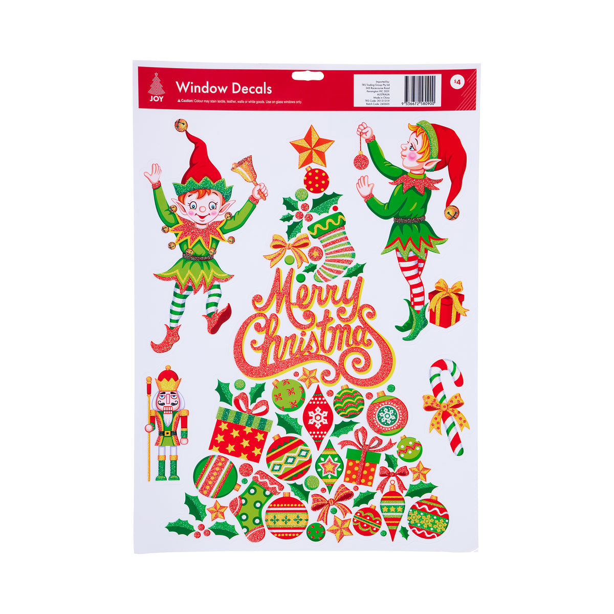 Christmas Static Window Clings With Glitter Assorted