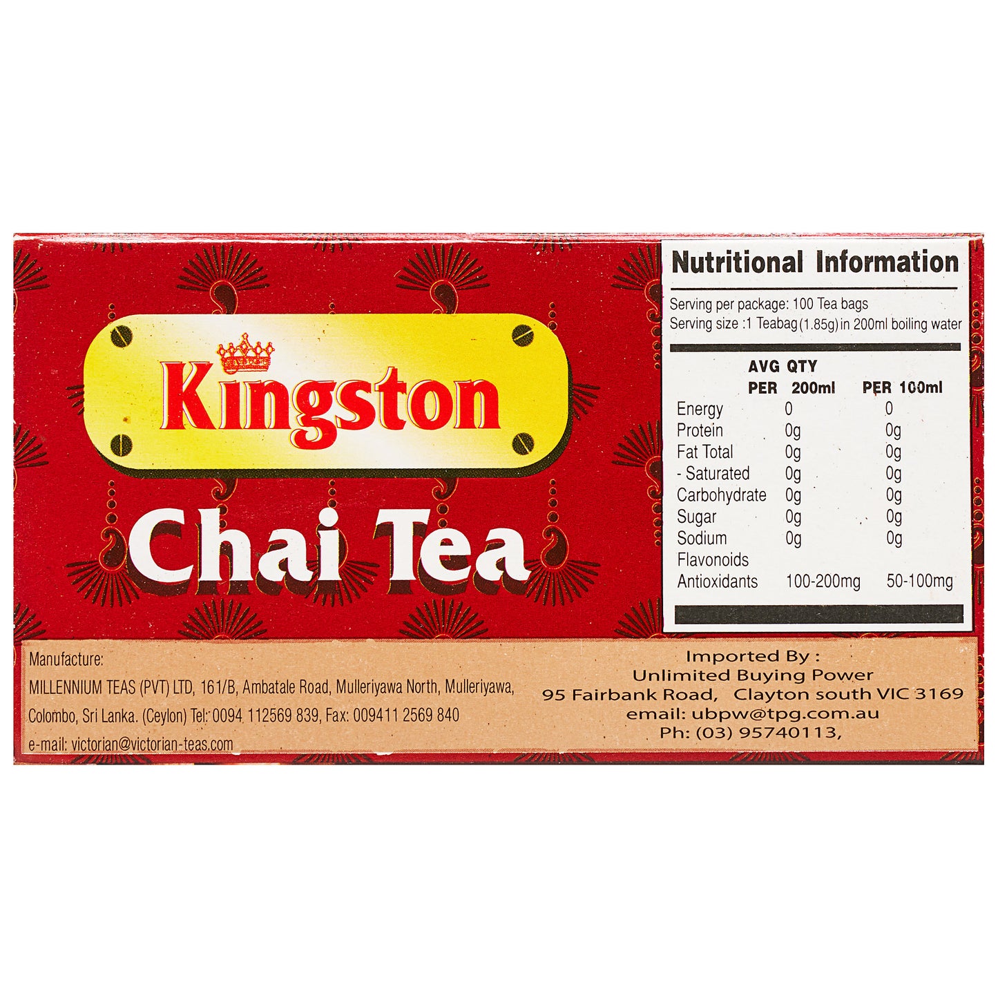Kingston Tea Chai 100 Tea Bags