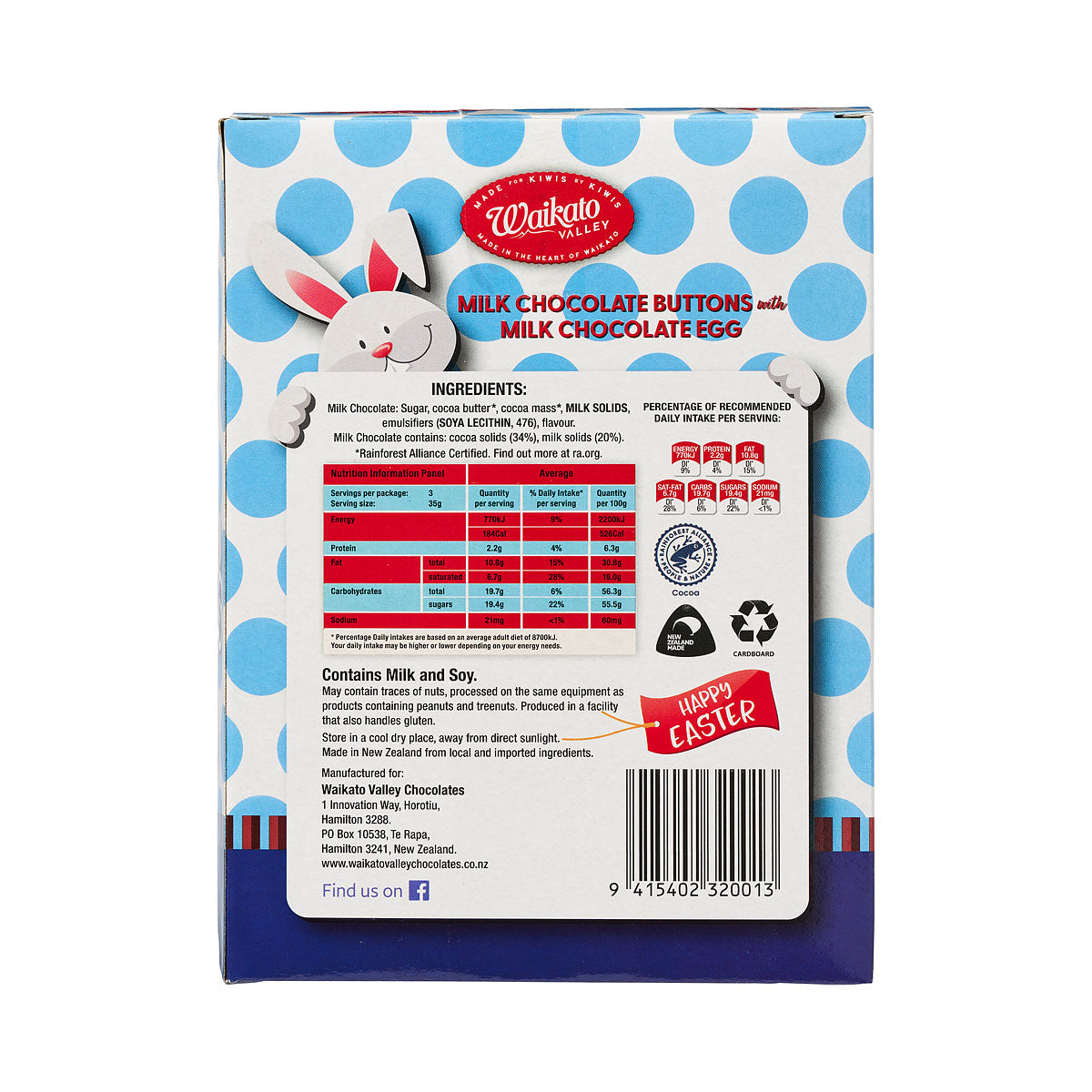 Waikato Valley Choc Buttons Egg 105g