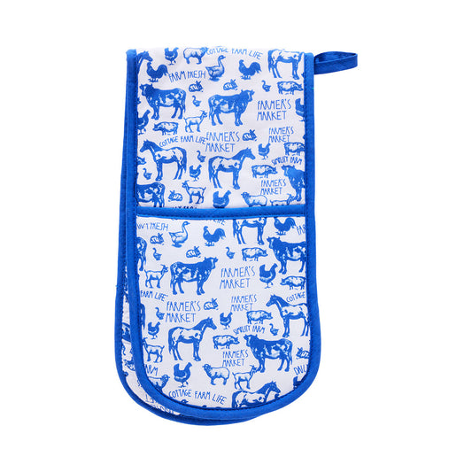 Double Oven Glove Printed Blue Farm/Sunflower