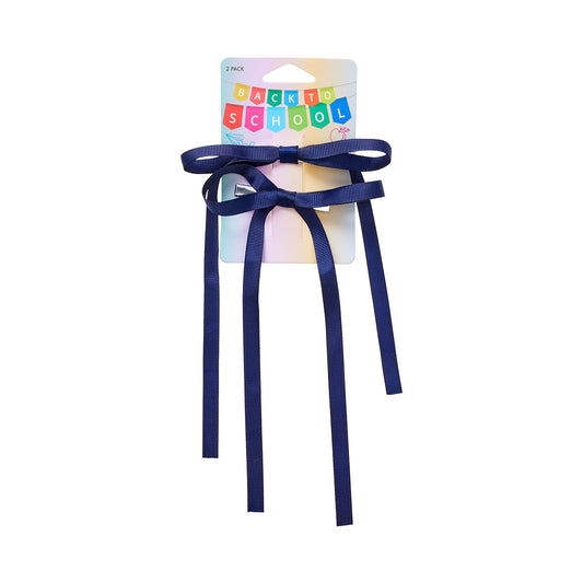 Back To School Ribbon Bow Barette Navy 2pk