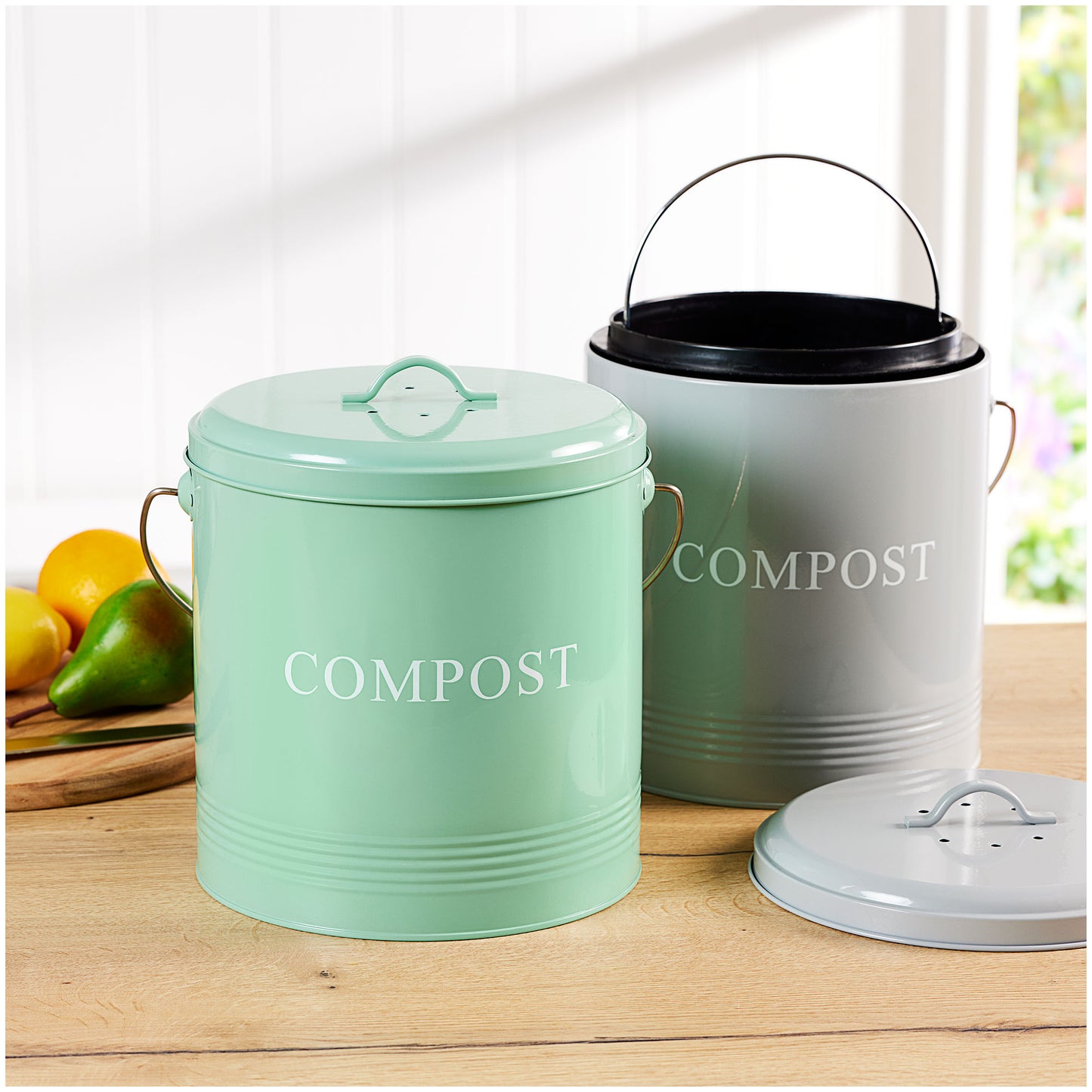 Enamel Compost Bin With Liner Sage 5L