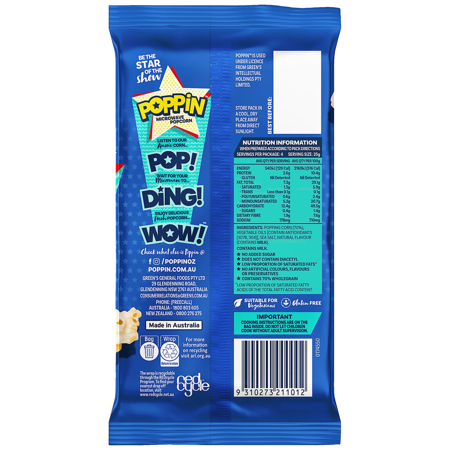 Poppin Microwave Popcorn Sea Salt 100g