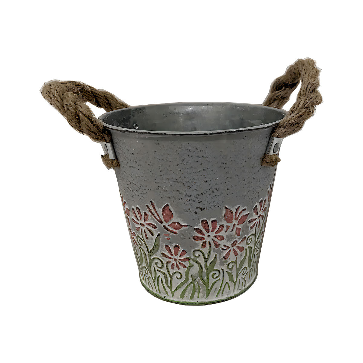 Round Tin Planter With Jute Handles Assorted