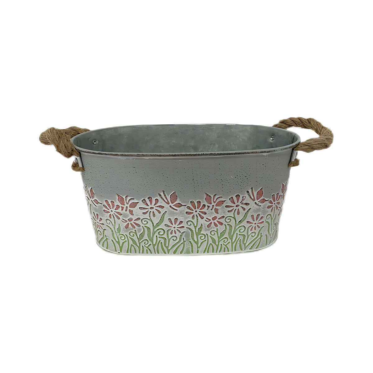 Oval Tin Planter With Jute Handles Assorted