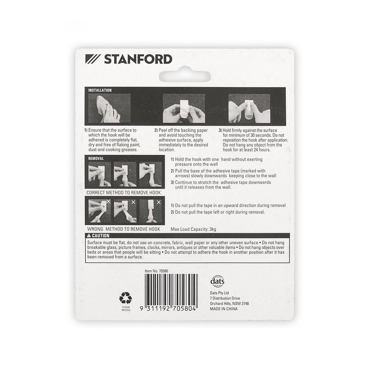 Stanford Removable Plastic Hook Large 3pk