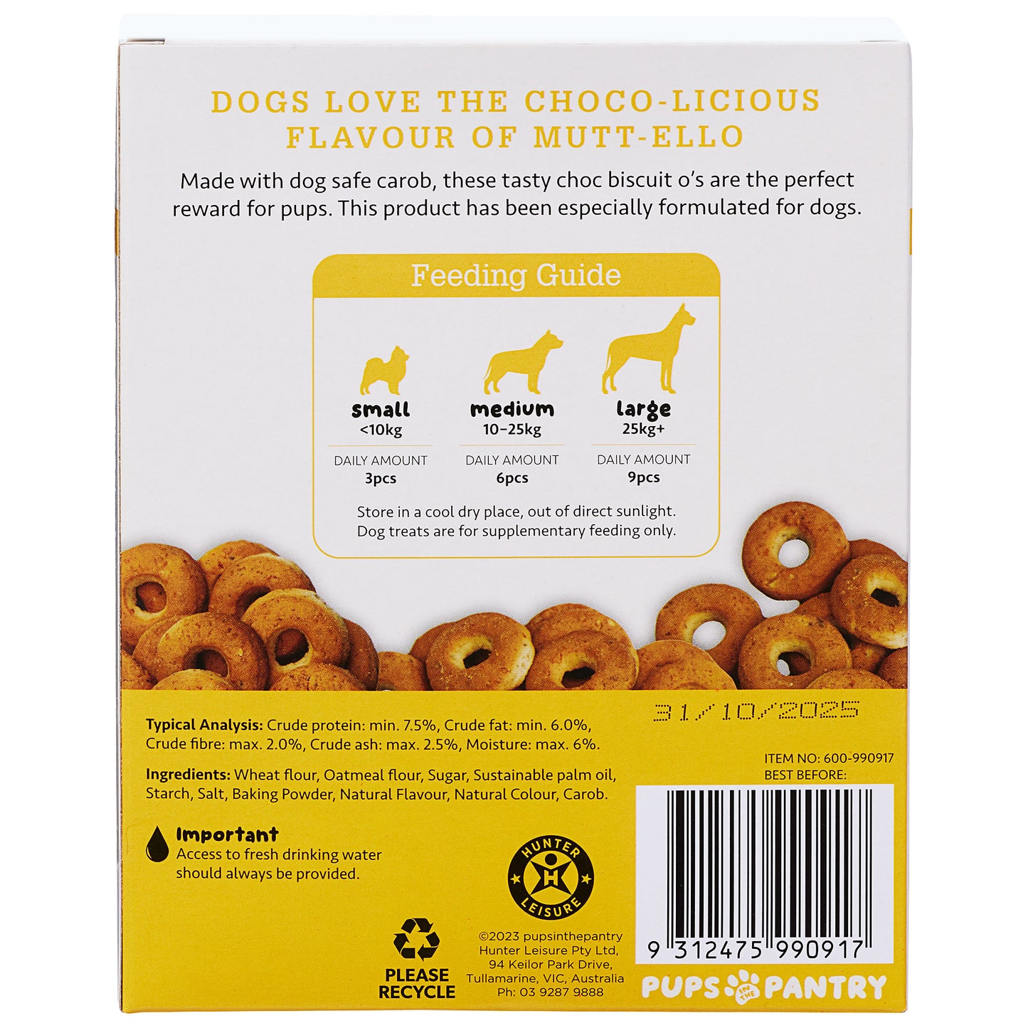 Pups In The Pantry Muttello Ello Choc Biscuit O's 140g