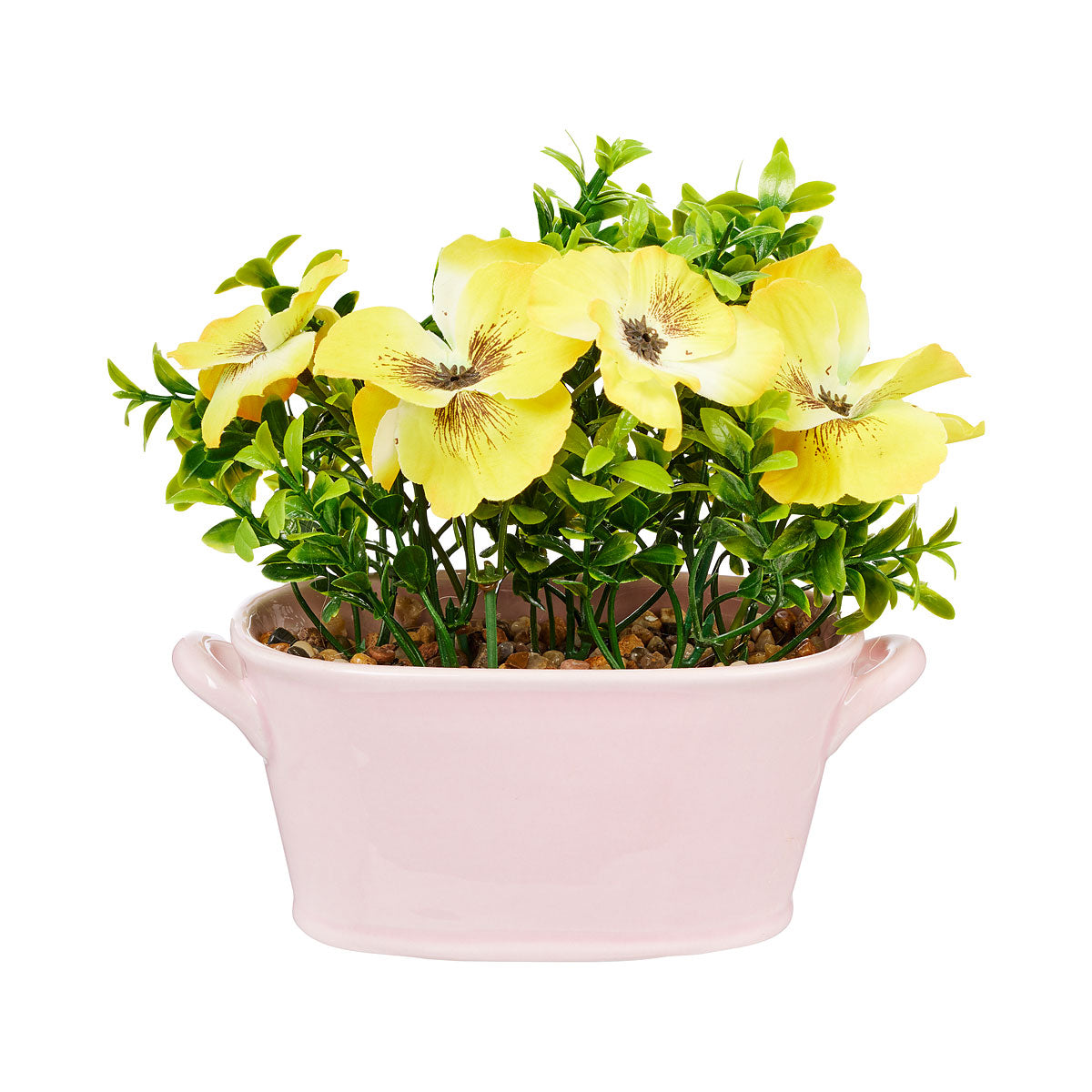 Faux Pansy Garden In Oval Pot White/Yellow