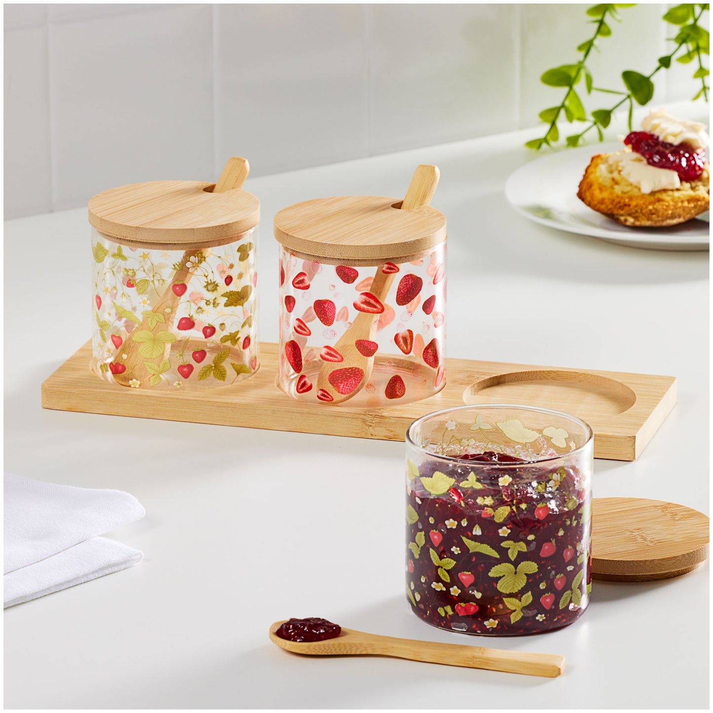 Strawberry Patch Printed Jar Trio With Tray