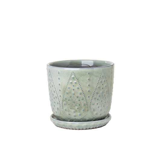 Ceramic Glazed Pot Embossed Leaf 13x12cm