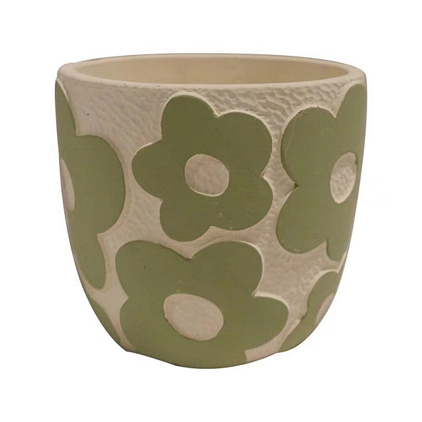 Round Cement Green Flower Cream embossed Pot Large 17.5x16cm