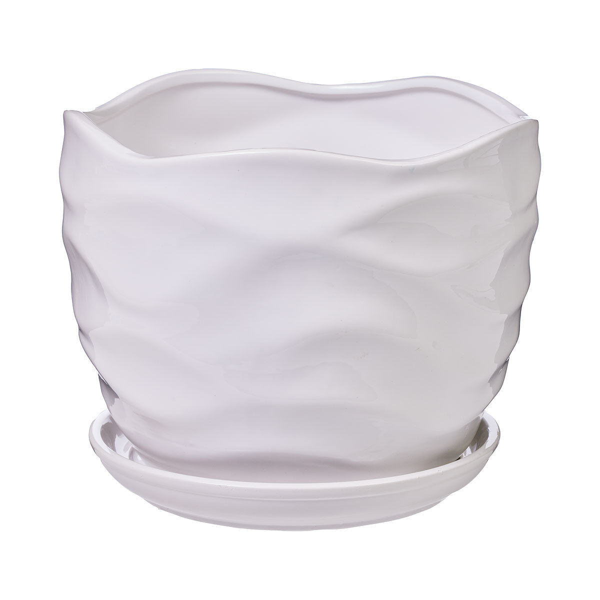 Glazed Pot With Plate Wavy White 21x16.5cm