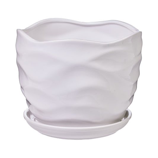 Glazed Pot With Plate Wavy White 21x16.5cm