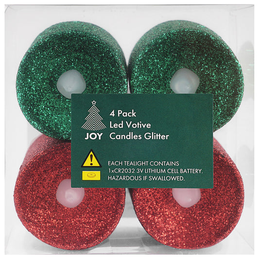 Christmas LED Glitter Votive 4pk Assorted