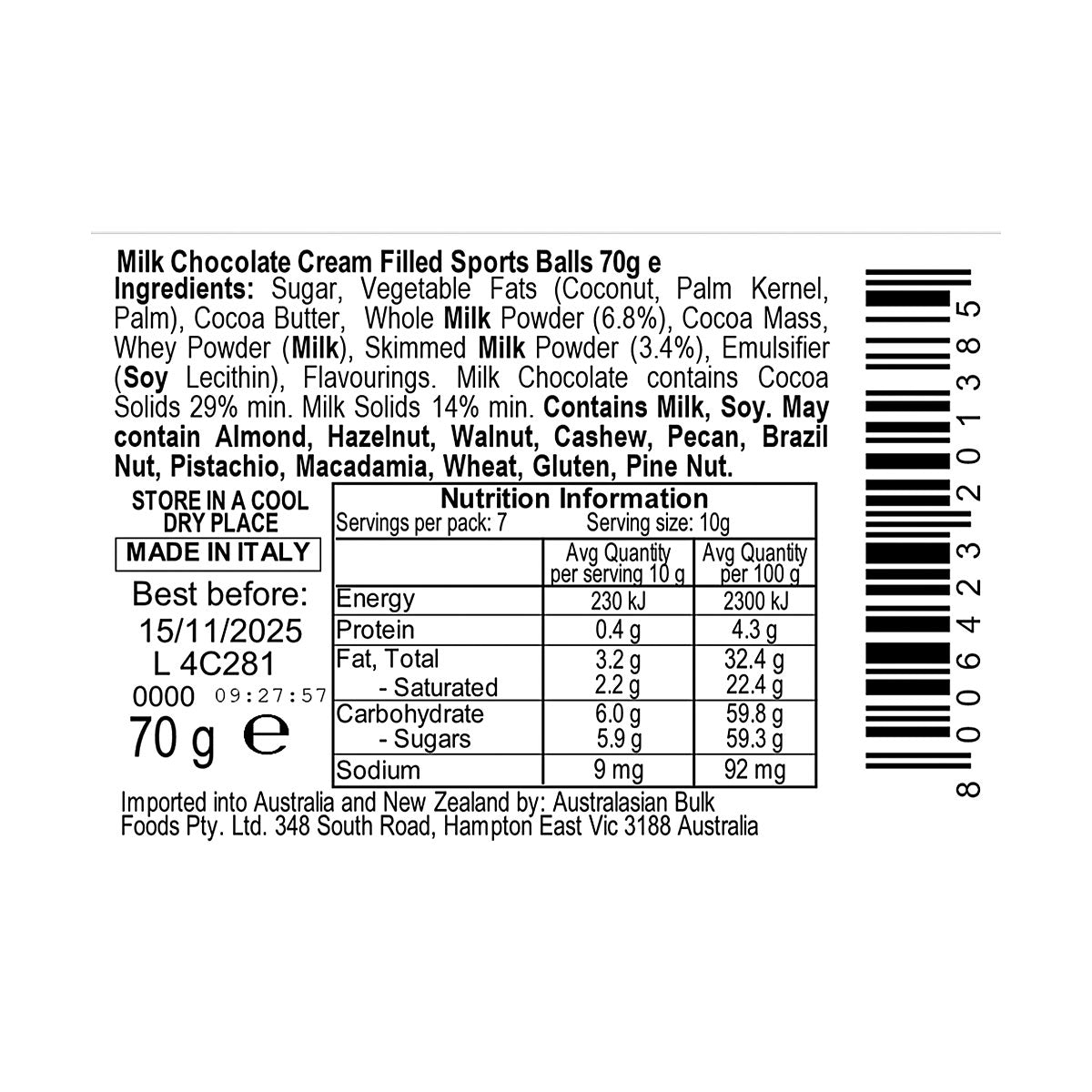 Sorini Milk Chocolate Cream Filled Sports Balls 70g