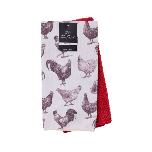 Tea Towel Print Blue Floral/Chicken 2pk