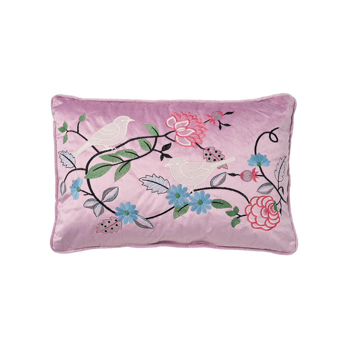 Rectangular Cushion Embroidery Bird Lavender/Blue