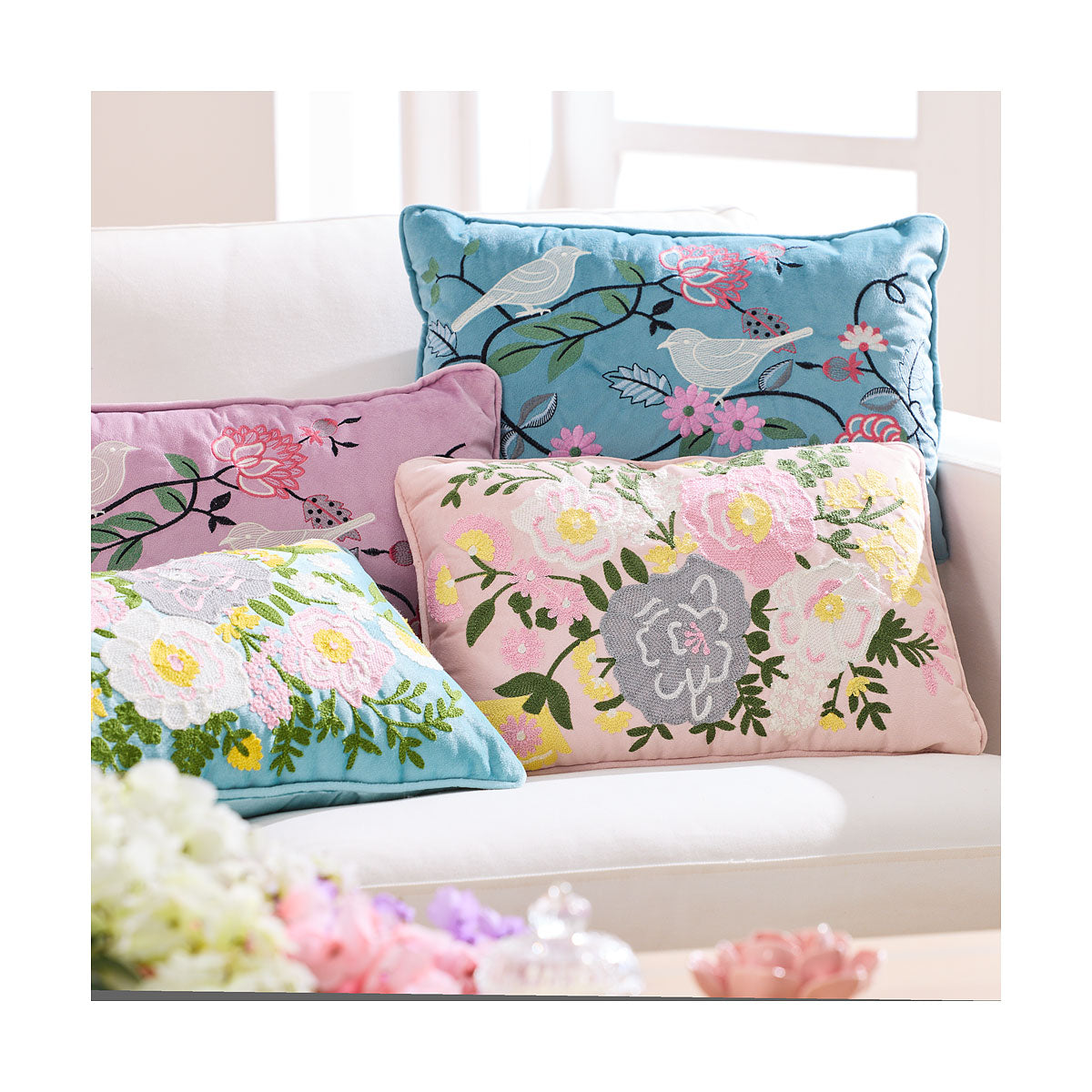 Rectangular Cushion Embroidery Bloom Pink/Aqua