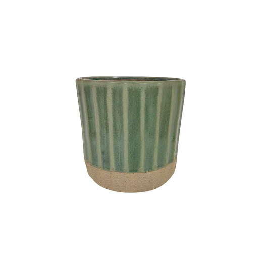 Ribbed Cylindrical Ceramic Pot Green 15cm