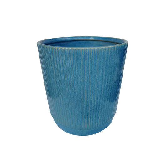 Narrow Ribbed Tapered Ceramic Pot Blue 17cm
