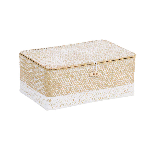 White Wash Straw Lidded Basket Large