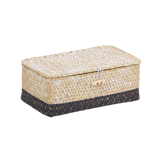 White Wash Straw Lidded Basket Small