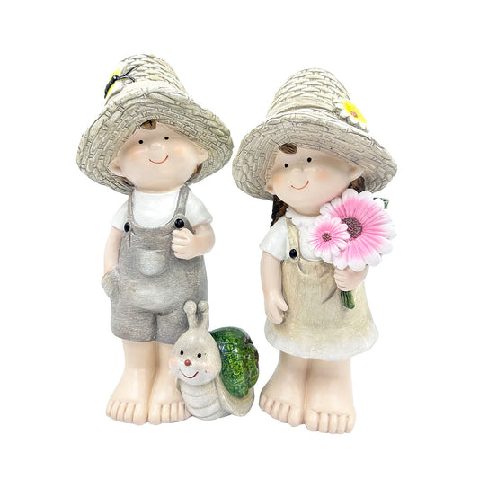 Polyresin Girl Flower Or Boy Snail Statue Assorted