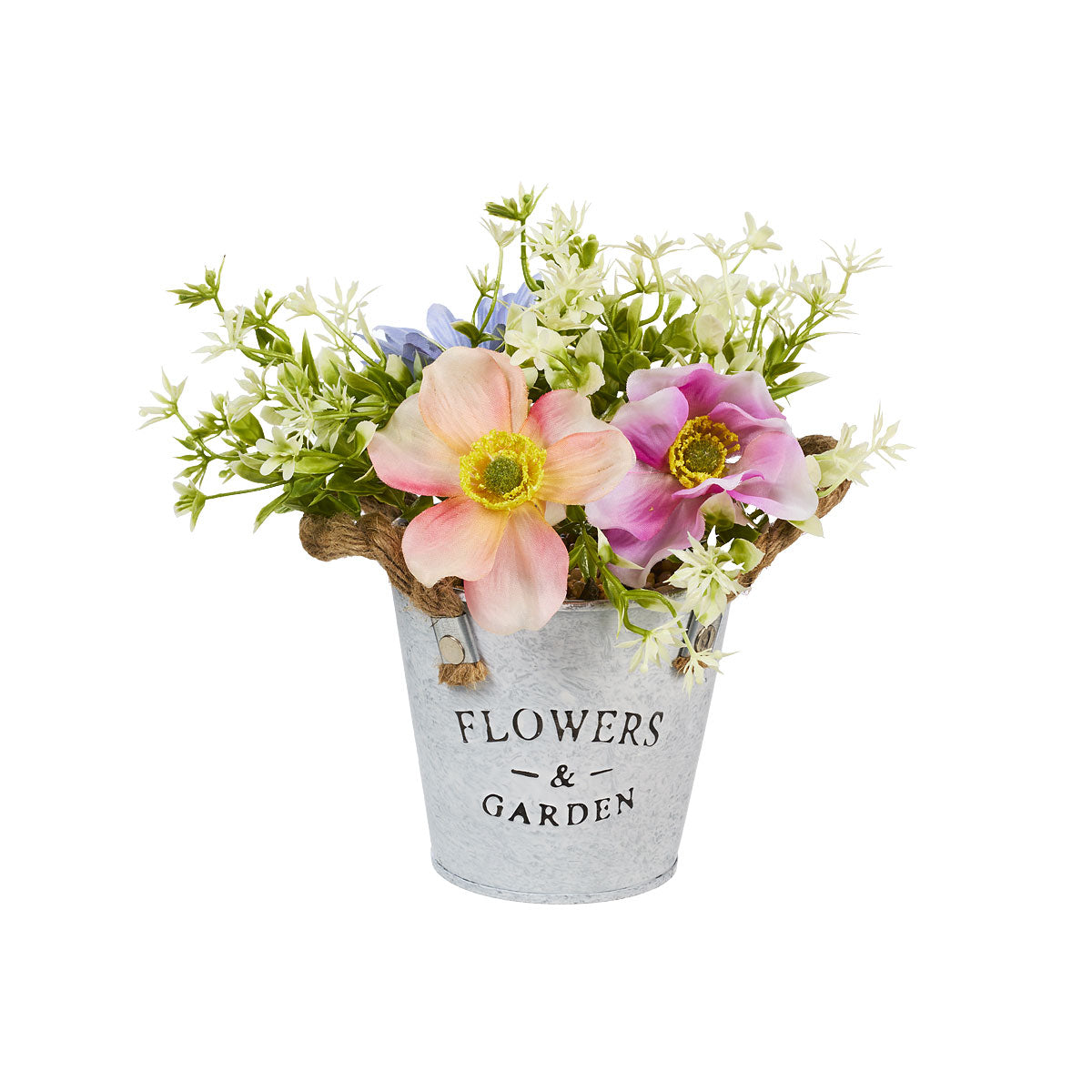 Faux Flowers In Tin Pot