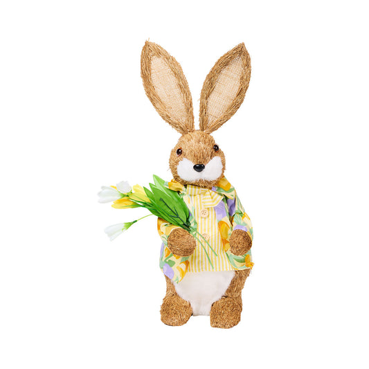 Easter Straw Bunny Holding Flowers