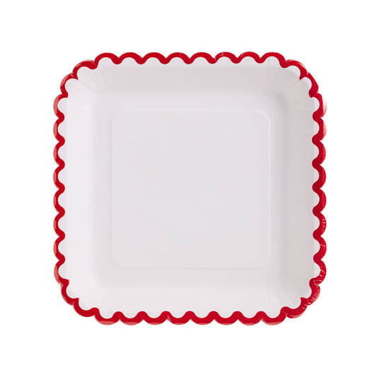 Scallop Square Plate White/Red 10pk