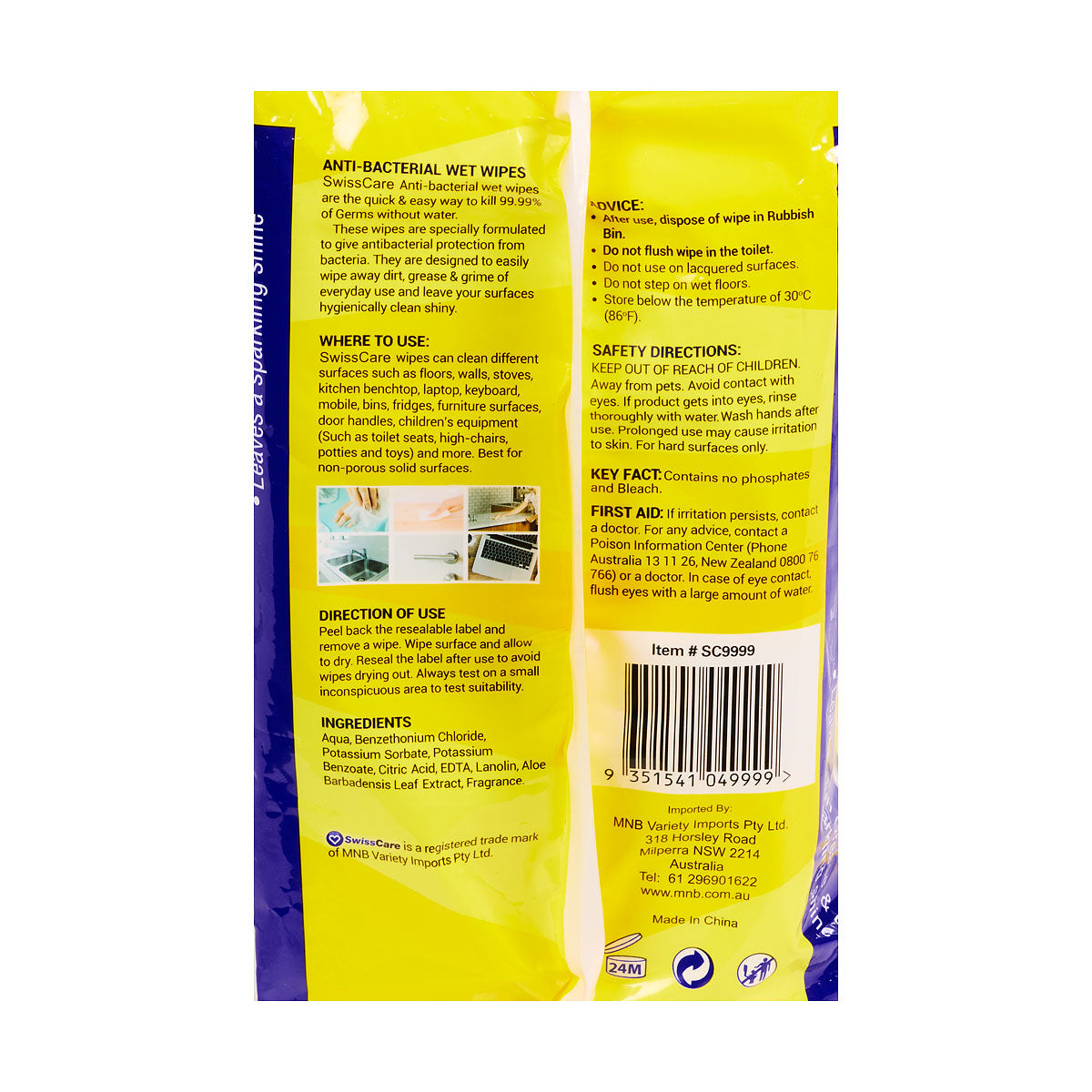 SwissCare Disinfectant Wipes Lemon 150pk