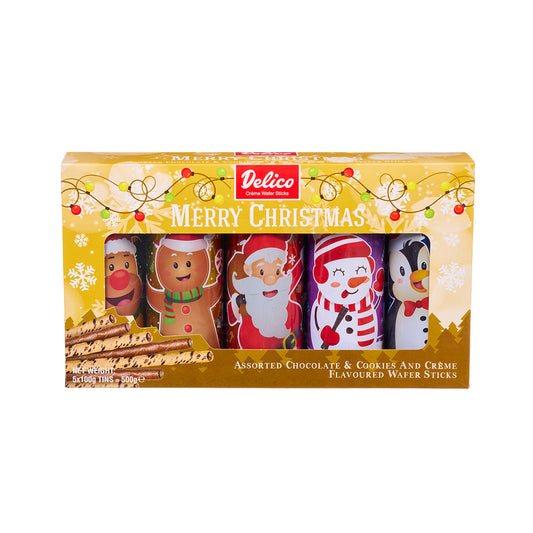 Delico Assorted Christmas Wafer Sticks Tins 500g