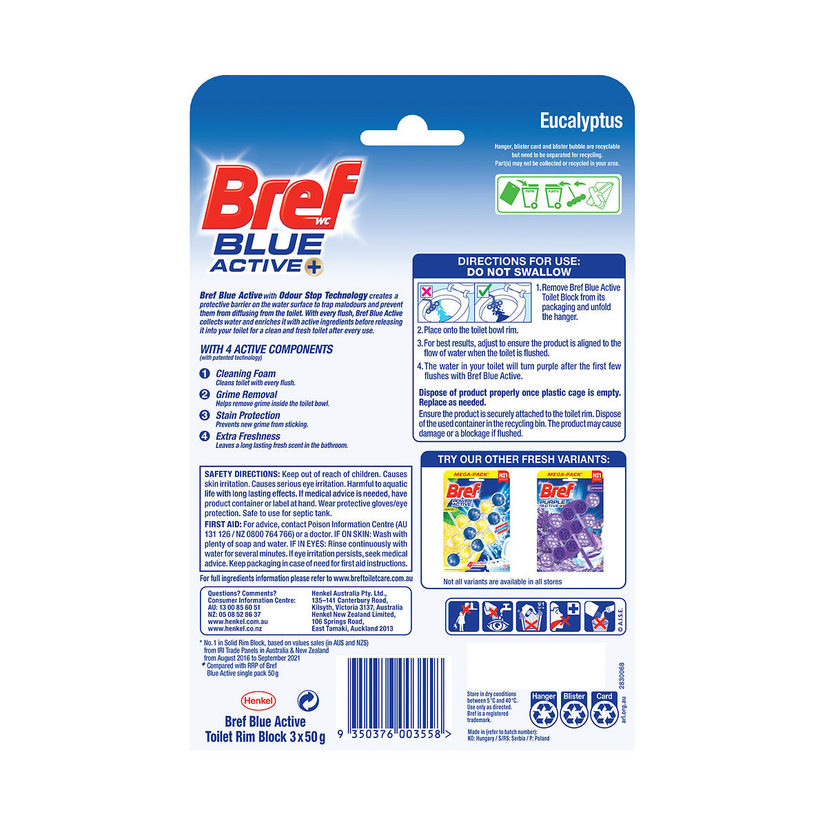 Bref Cage Blue Active Eucalyptus 50g 3pk