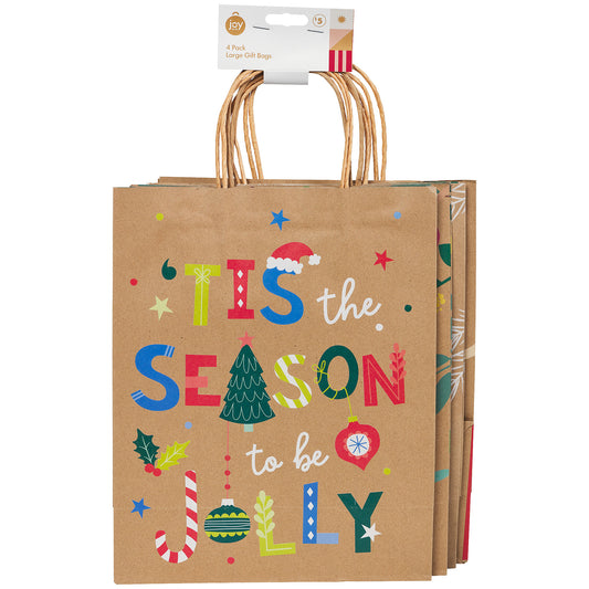 Kraft Gift Bag Large 4pk Assorted