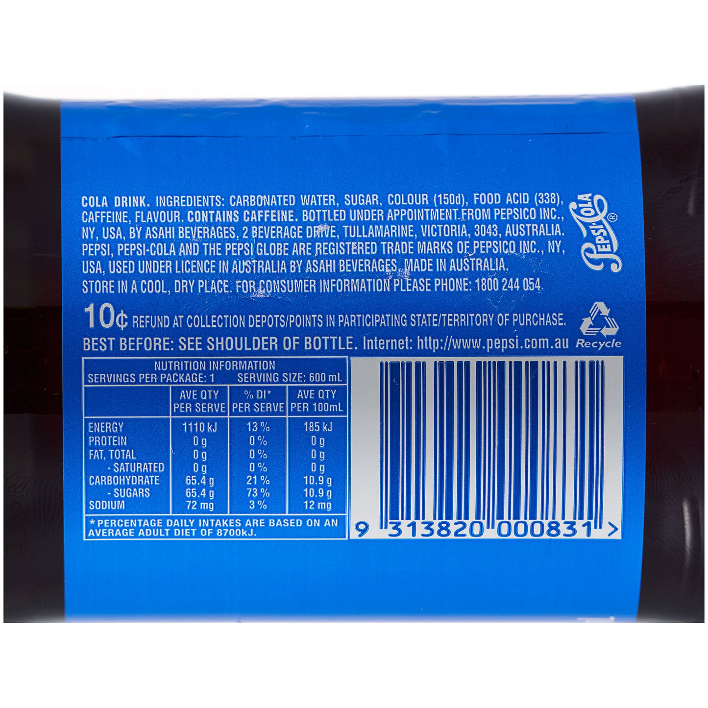 Pepsi Cola Soft Drink Bottle 600mL