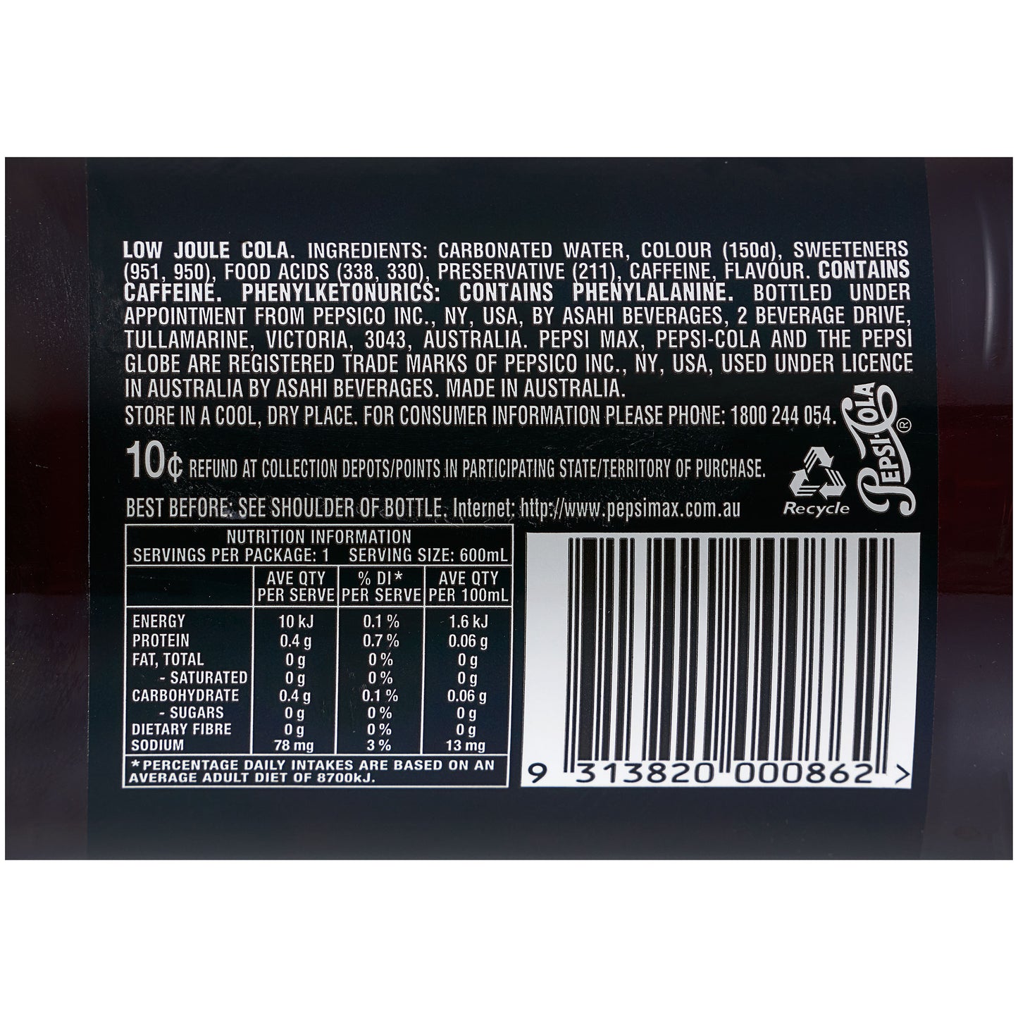 Pepsi Max Cola Soft Drink Bottle 600mL