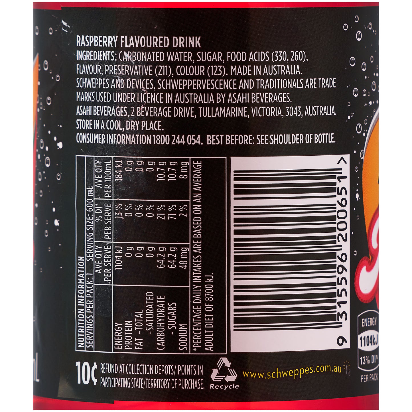 Schweppes Raspberry Soft Drink 600mL