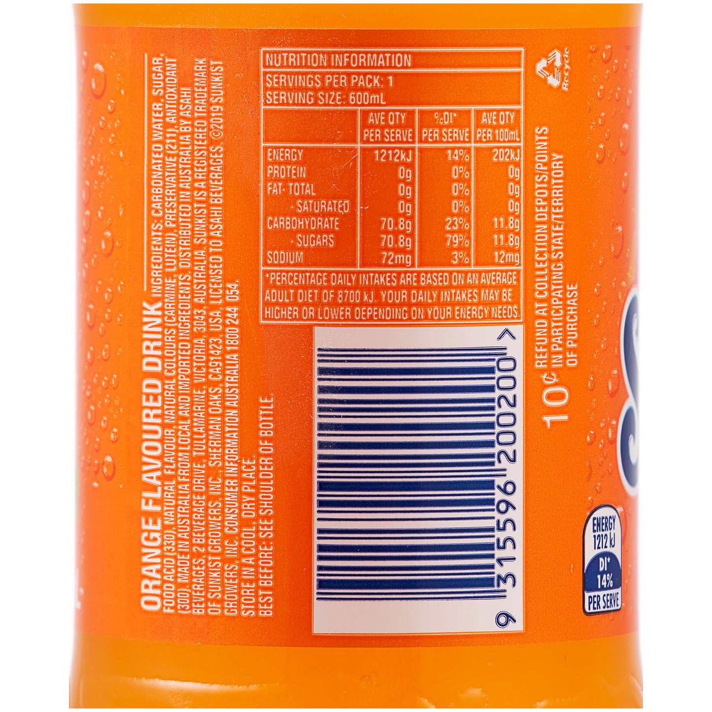 Sunkist Orange Soft Drink 600mL