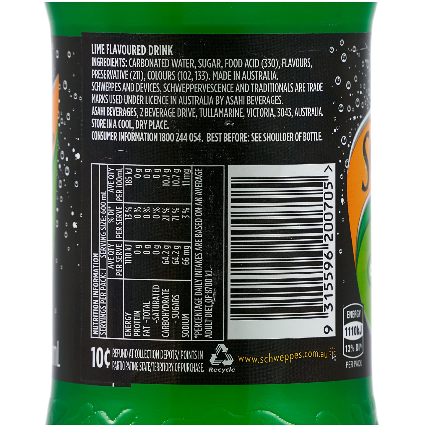 Schweppes Lime Soft Drink 600mL