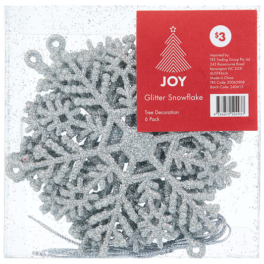 Christmas Tree Decoration Glitter Snowflake 6pk Assorted