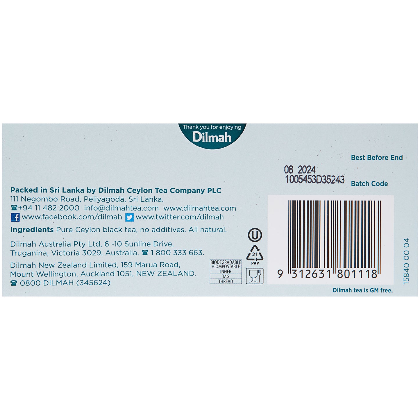 Dilmah Premium Cup Tea Bags 100pk