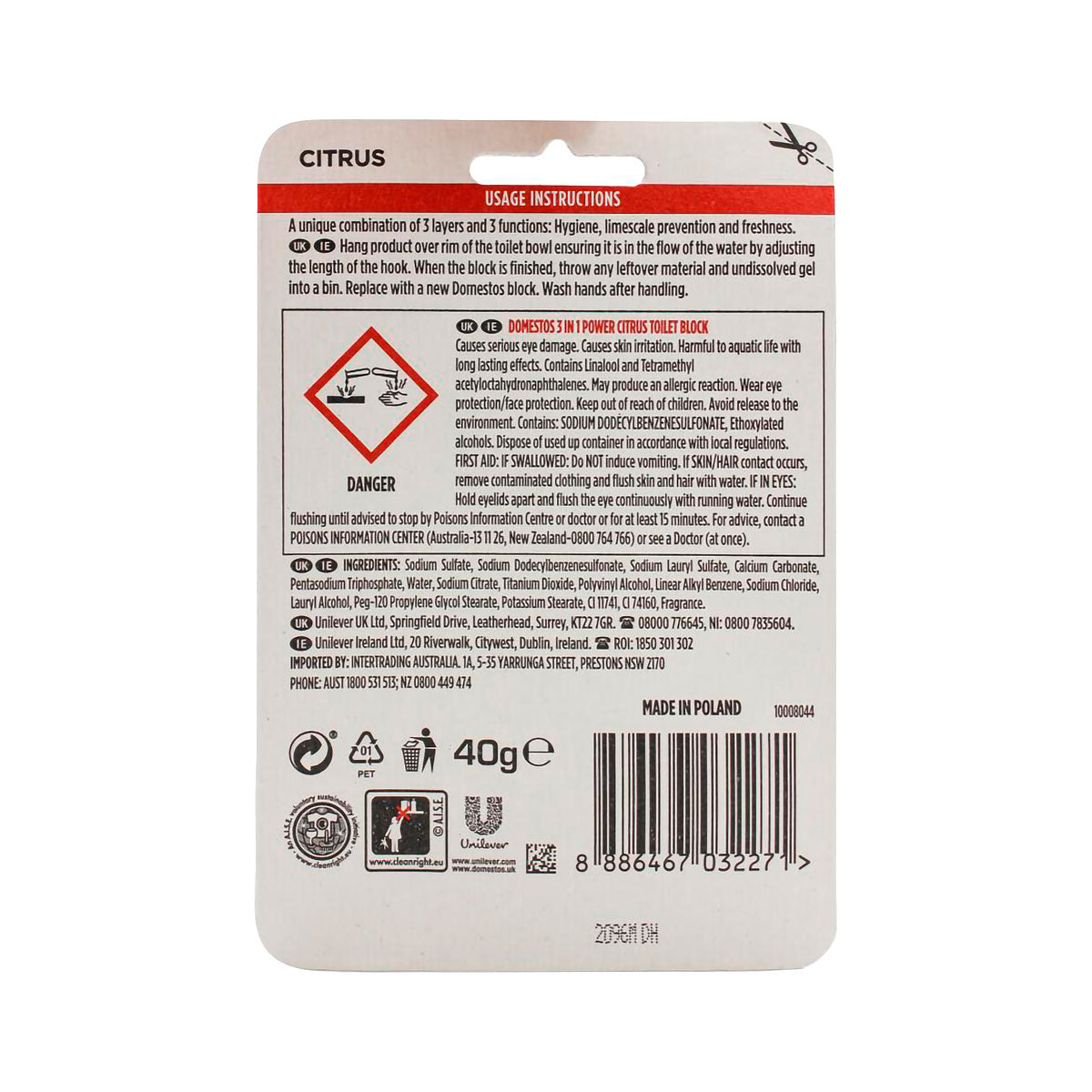 Domestos 3 In 1 Power Toilet Rim Block Citrus 40g