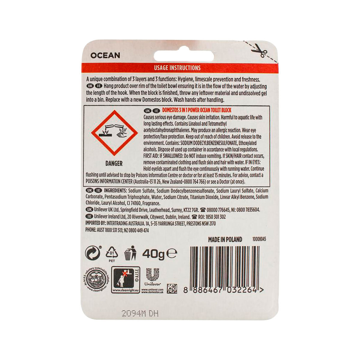 Domestos 3 In 1 Power Toilet Rim Block Ocean 40g