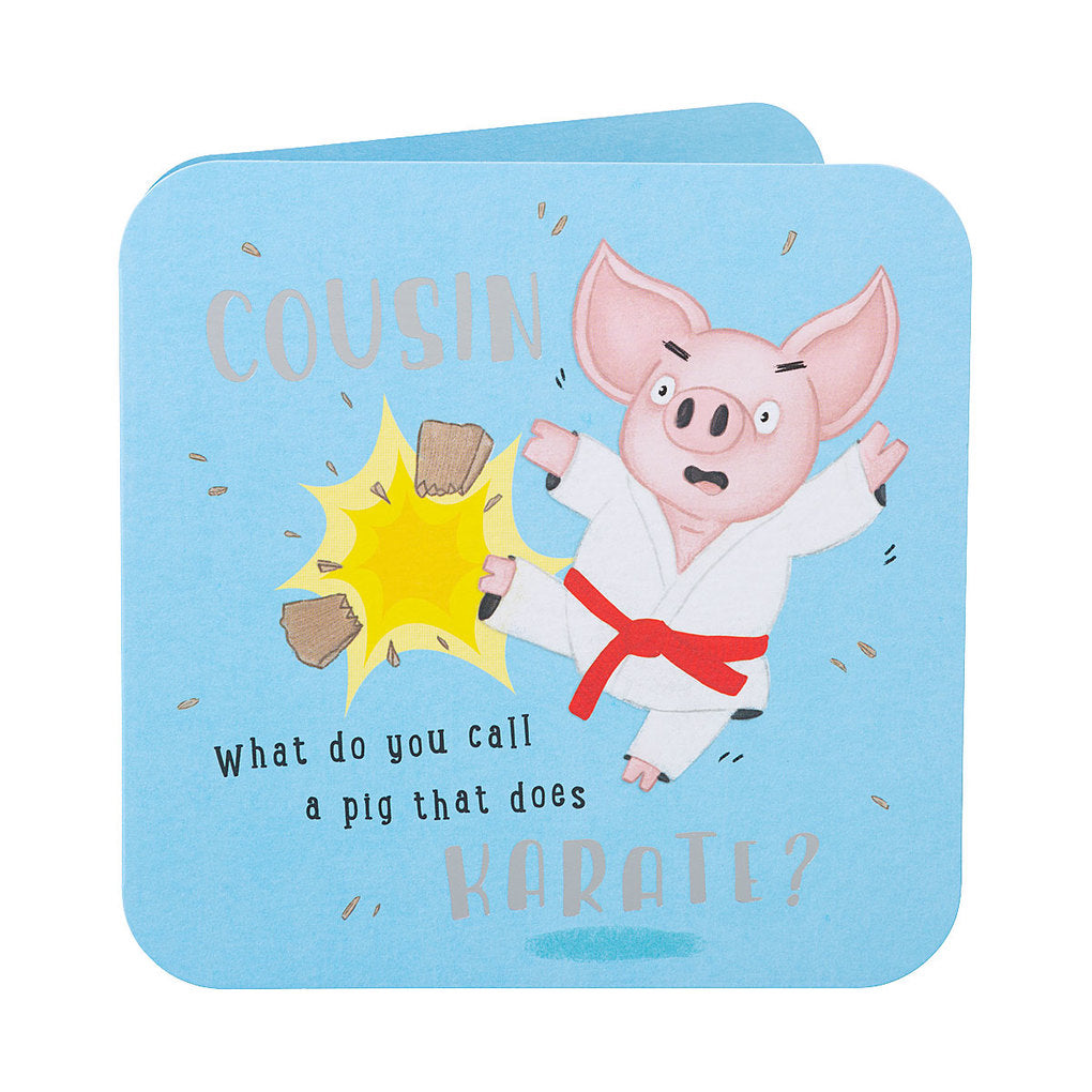 Funny Karate Pig Cousin Birthday Card