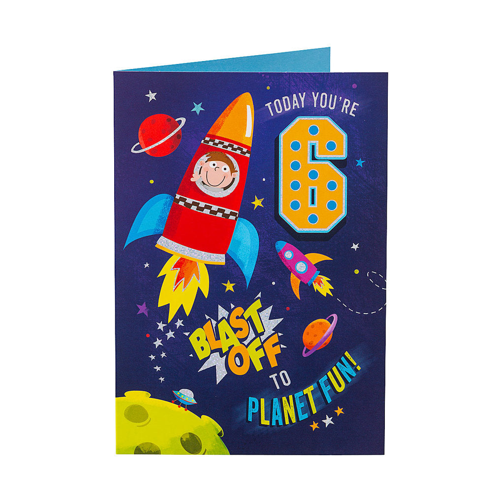 Cute Rocket Boy 6th Birthday Card